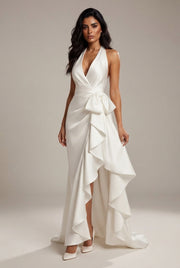 Elegant Deep V-neck Irregular Women's Ruffled Ruffled Evening Dress Gowns Solid Color Lace-up High Waist Satin Party Dresses Wedding Guests Dress — White — AI-generated studio three-quarter view