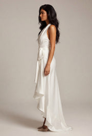 Elegant Deep V-neck Irregular Women's Ruffled Ruffled Evening Dress Gowns Solid Color Lace-up High Waist Satin Party Dresses Wedding Guests Dress — White — AI-generated studio right-side profile