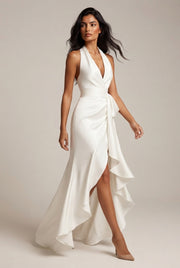 Elegant Deep V-neck Irregular Women's Ruffled Ruffled Evening Dress Gowns Solid Color Lace-up High Waist Satin Party Dresses Wedding Guests Dress — White — AI-generated studio left-side walking view