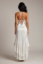 Elegant Deep V-neck Irregular Women's Ruffled Ruffled Evening Dress Gowns Solid Color Lace-up High Waist Satin Party Dresses Wedding Guests Dress — White — AI-generated studio back view