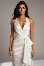 Elegant Deep V-neck Irregular Women's Ruffled Ruffled Evening Dress Gowns Solid Color Lace-up High Waist Satin Party Dresses Wedding Guests Dress — White — AI-generated studio bodice detail