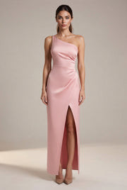 Elegant Sexy Slim-fit Shoulder Slit Satin Dress For Women — Pink — AI-generated studio front view