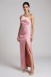 Elegant Sexy Slim-fit Shoulder Slit Satin Dress For Women — Pink — AI-generated studio three-quarter view