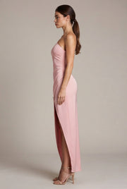 Elegant Sexy Slim-fit Shoulder Slit Satin Dress For Women — Pink — AI-generated studio right-side profile