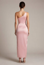 Elegant Sexy Slim-fit Shoulder Slit Satin Dress For Women — Pink — AI-generated studio back view