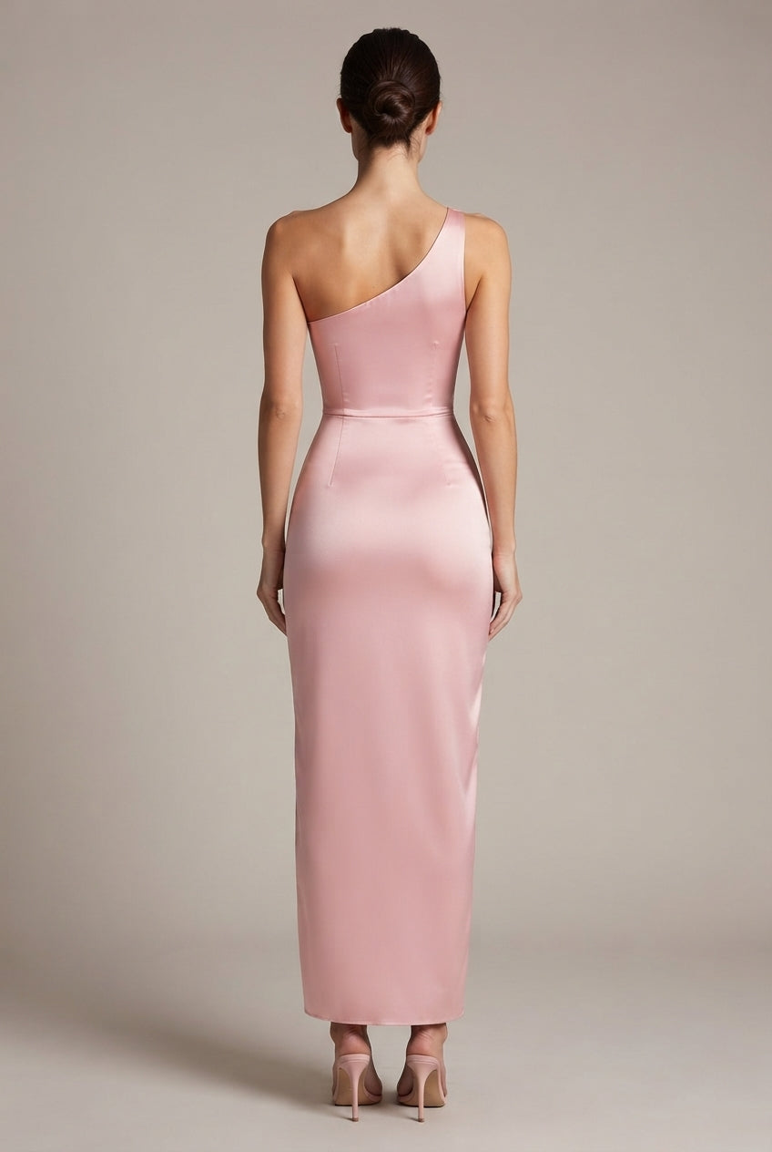 Elegant Sexy Slim-fit Shoulder Slit Satin Dress For Women — Pink — AI-generated studio back view