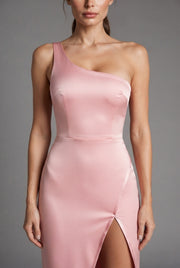 Elegant Sexy Slim-fit Shoulder Slit Satin Dress For Women — Pink — AI-generated studio bodice detail