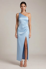 Elegant Sexy Slim-fit Shoulder Slit Satin Dress For Women — Sky Blue — AI-generated studio front view