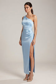 Elegant Sexy Slim-fit Shoulder Slit Satin Dress For Women — Sky Blue — AI-generated studio three-quarter view