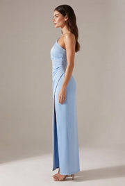 Elegant Sexy Slim-fit Shoulder Slit Satin Dress For Women — Sky Blue — AI-generated studio right-side profile
