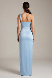 Elegant Sexy Slim-fit Shoulder Slit Satin Dress For Women — Sky Blue — AI-generated studio back view