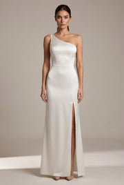 Elegant Sexy Slim-fit Shoulder Slit Satin Dress For Women — White — AI-generated studio front view