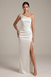 Elegant Sexy Slim-fit Shoulder Slit Satin Dress For Women — White — AI-generated studio three-quarter view