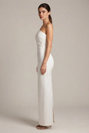 Elegant Sexy Slim-fit Shoulder Slit Satin Dress For Women — White — AI-generated studio right-side profile