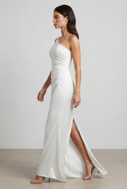 Elegant Sexy Slim-fit Shoulder Slit Satin Dress For Women — White — AI-generated studio left-side walking view