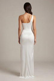 Elegant Sexy Slim-fit Shoulder Slit Satin Dress For Women — White — AI-generated studio back view