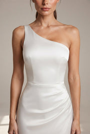 Elegant Sexy Slim-fit Shoulder Slit Satin Dress For Women — White — AI-generated studio bodice detail