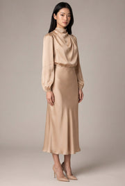 Elegant Temperament Long-sleeved Dress Satin Halterneck Formal Evening Dresses Women Clothing — GQTG007 Apricot — AI-generated studio three-quarter view