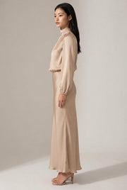 Elegant Temperament Long-sleeved Dress Satin Halterneck Formal Evening Dresses Women Clothing — GQTG007 Apricot — AI-generated studio right-side profile
