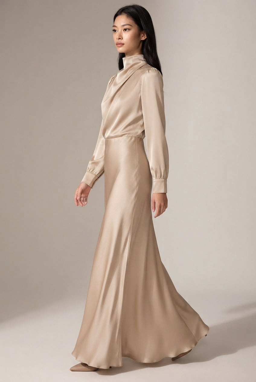Elegant Temperament Long-sleeved Dress Satin Halterneck Formal Evening Dresses Women Clothing — GQTG007 Apricot — AI-generated studio left-side walking view