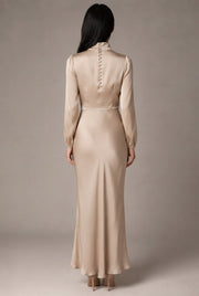 Elegant Temperament Long-sleeved Dress Satin Halterneck Formal Evening Dresses Women Clothing — GQTG007 Apricot — AI-generated studio back view