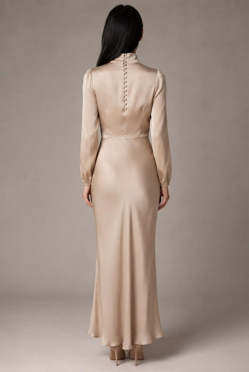 Elegant Temperament Long-sleeved Dress Satin Halterneck Formal Evening Dresses Women Clothing — GQTG007 Apricot — AI-generated studio back view