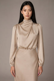 Elegant Temperament Long-sleeved Dress Satin Halterneck Formal Evening Dresses Women Clothing — GQTG007 Apricot — AI-generated studio bodice detail