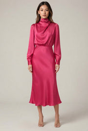 Elegant Temperament Long-sleeved Dress Satin Halterneck Formal Evening Dresses Women Clothing — GQTG148 Rose Red — AI-generated studio front view