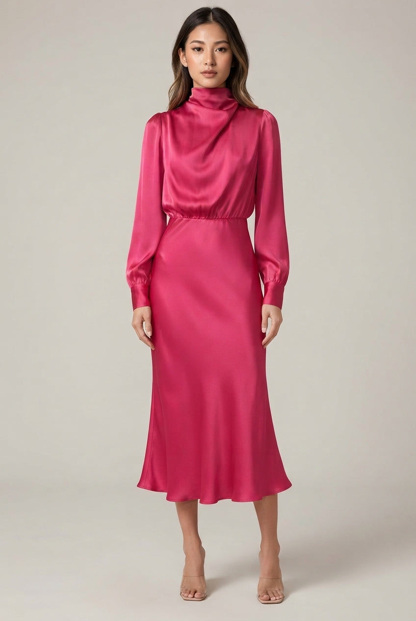 Elegant Temperament Long-sleeved Dress Satin Halterneck Formal Evening Dresses Women Clothing — GQTG148 Rose Red — AI-generated studio front view