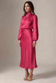 Elegant Temperament Long-sleeved Dress Satin Halterneck Formal Evening Dresses Women Clothing — GQTG148 Rose Red — AI-generated studio three-quarter view