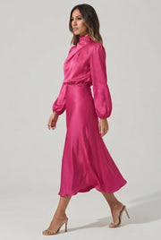 Elegant Temperament Long-sleeved Dress Satin Halterneck Formal Evening Dresses Women Clothing — GQTG148 Rose Red — AI-generated studio left-side walking view