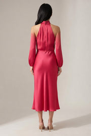 Elegant Temperament Long-sleeved Dress Satin Halterneck Formal Evening Dresses Women Clothing — GQTG148 Rose Red — AI-generated studio back view