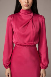 Elegant Temperament Long-sleeved Dress Satin Halterneck Formal Evening Dresses Women Clothing — GQTG148 Rose Red — AI-generated studio bodice detail
