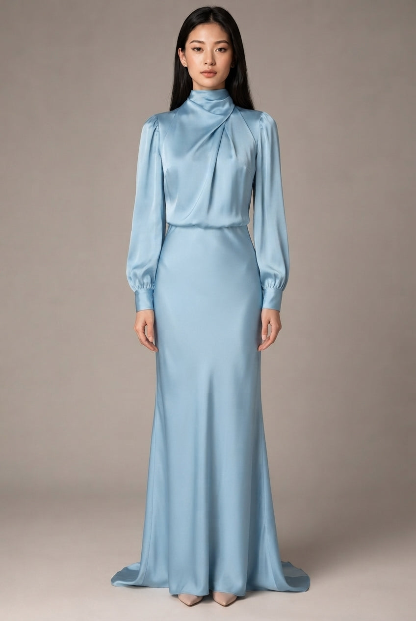 Elegant Temperament Long-sleeved Dress Satin Halterneck Formal Evening Dresses Women Clothing — Light Blue — AI-generated studio front view