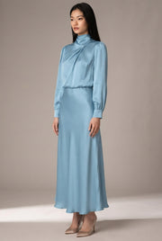 Elegant Temperament Long-sleeved Dress Satin Halterneck Formal Evening Dresses Women Clothing — Light Blue — AI-generated studio three-quarter view