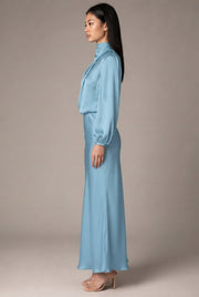 Elegant Temperament Long-sleeved Dress Satin Halterneck Formal Evening Dresses Women Clothing — Light Blue — AI-generated studio right-side profile