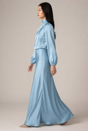Elegant Temperament Long-sleeved Dress Satin Halterneck Formal Evening Dresses Women Clothing — Light Blue — AI-generated studio left-side walking view