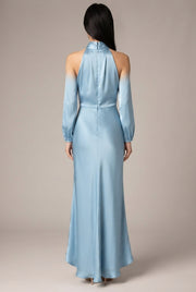 Elegant Temperament Long-sleeved Dress Satin Halterneck Formal Evening Dresses Women Clothing — Light Blue — AI-generated studio back view