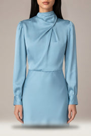 Elegant Temperament Long-sleeved Dress Satin Halterneck Formal Evening Dresses Women Clothing — Light Blue — AI-generated studio bodice detail