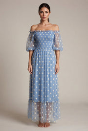Embroidery Strapless Dress Printed Net Yarn Long Floral Dress Women — Blue — AI-generated studio front view