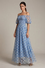 Embroidery Strapless Dress Printed Net Yarn Long Floral Dress Women — Blue — AI-generated studio three-quarter view