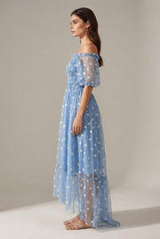 Embroidery Strapless Dress Printed Net Yarn Long Floral Dress Women — Blue — AI-generated studio right-side profile