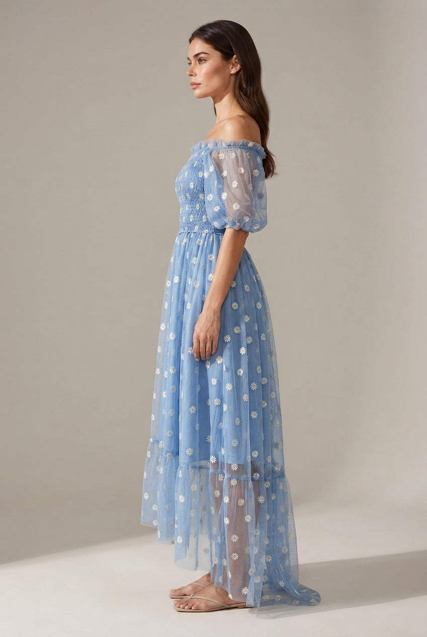 Embroidery Strapless Dress Printed Net Yarn Long Floral Dress Women — Blue — AI-generated studio right-side profile