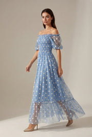 Embroidery Strapless Dress Printed Net Yarn Long Floral Dress Women — Blue — AI-generated studio left-side walking view