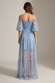 Embroidery Strapless Dress Printed Net Yarn Long Floral Dress Women — Blue — AI-generated studio back view