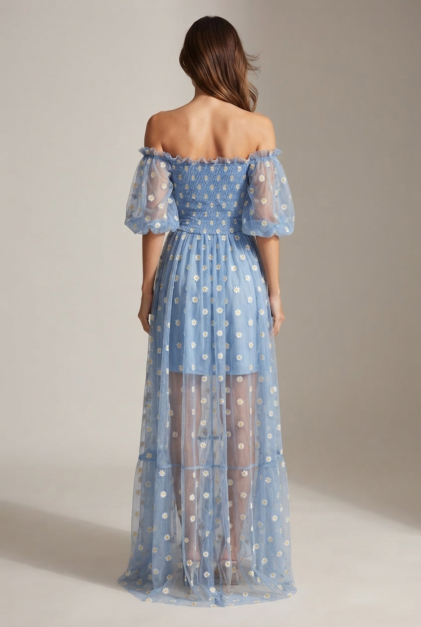 Embroidery Strapless Dress Printed Net Yarn Long Floral Dress Women — Blue — AI-generated studio back view