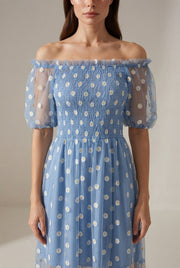 Embroidery Strapless Dress Printed Net Yarn Long Floral Dress Women — Blue — AI-generated studio bodice detail