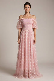 Embroidery Strapless Dress Printed Net Yarn Long Floral Dress Women — Pink — AI-generated studio front view