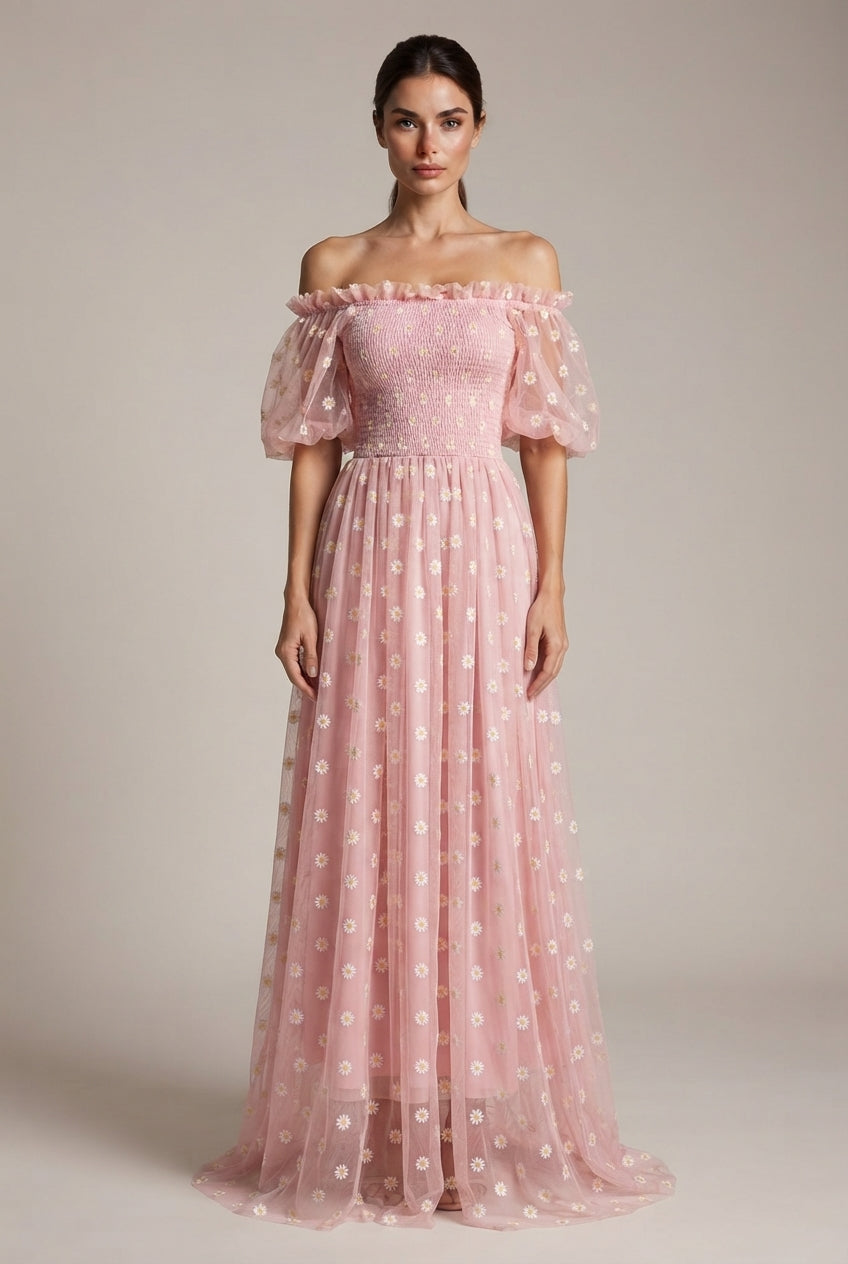 Embroidery Strapless Dress Printed Net Yarn Long Floral Dress Women — Pink — AI-generated studio front view