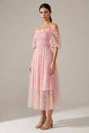 Embroidery Strapless Dress Printed Net Yarn Long Floral Dress Women — Pink — AI-generated studio three-quarter view